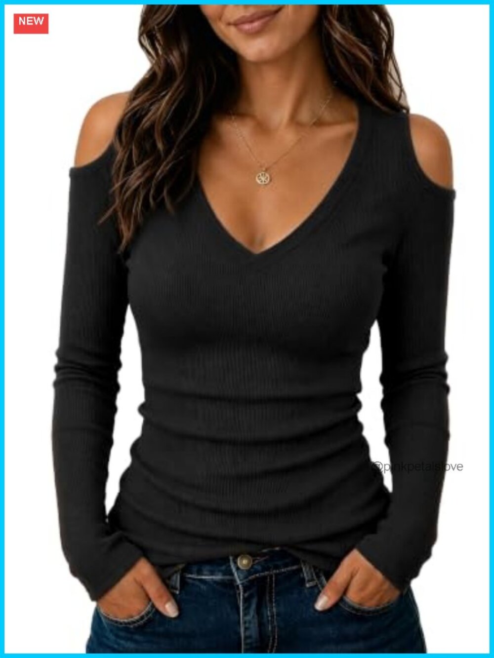 Women Long Sleeve Cold Shoulder V Neck Slim Fit Ribbed Knit Tunic Top